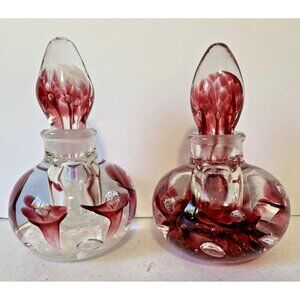 Joe Rice 2 art glass bottle w stopper signed marked wine berry white handblown